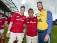 Jack O'Donoghue, Francis Saili and Darren O'Shea of Munster celebrate after the Guinness PRO12 Semi-Final match between Munster Rugby and Os...