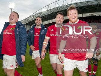 John Ryan, Conor Murray, Niall Scannell and Stephen Archer of Munster celebrate after the Guinness PRO12 Semi-Final match between Munster Ru...