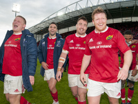 John Ryan, Conor Murray, Niall Scannell and Stephen Archer of Munster celebrate after the Guinness PRO12 Semi-Final match between Munster Ru...