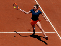 Simona Halep of Romania hits a return to Elina Svitolina of Ukraine during the WTA Tennis Open final at the Foro Italico, on May 21, 2017 in...