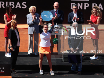 Simona Halep with the trophy celebration  after the WTA Singles Final match against Elina Svitolina of Ukraine during The Internazionali BNL...