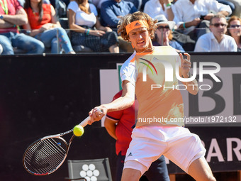 Alexander Zverev in action during his match against Novak Djokovic - Internazionali BNL d'Italia 2017 on May 21, 2017 in Rome, Italy. (