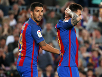 Leo Messi and Luis Suarez during La Liga match between F.C. Barcelona v S.D. Eibar, in Barcelona, on May 21, 2017.  (