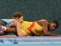 Blandine Metala Epanga of Cameroon competes against Buse Tosun of Turkey in the Women's Freestyle 69kg Wrestling for a Bronze during Baku 20...