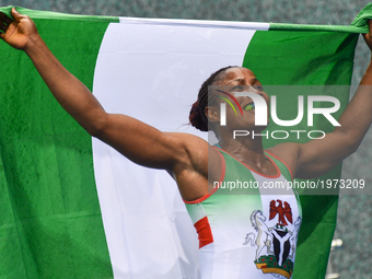 Blessing Oborududu of Nigeria celebrates after winning against Hafize Sahin of Turkey in the Women's Freestyle 63kg Wrestling final during B...