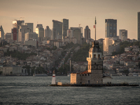 The modern skyline of Istanbul with the Maiden's Tower in the foreground, in Istanbul, Turkey, on May 20, 2017. (
