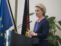 German Minister of Defence Ursula von der Leyen speaks during a meeting with the Foreign Press Association in Berlin, Germany on May 23, 201...