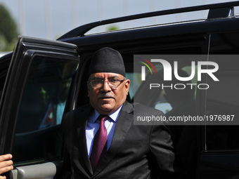 Prime Minister of Nepal, Pushpa Kamal Dahal, arrives for the special speech at the parliament in Kathmandu, Nepal on Tuesday, May 23, 2017....
