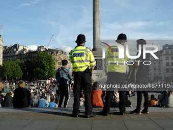 British police patrol through Trafalgar Square in central London on May 23, 2017 a day after a deadly terror attack at the Ariana Grande con...