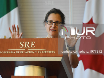 Chrystia Freeland Canada's Minister  of Foreign Affairs is seen With hands up during a press conference offers to media as part of her worki...