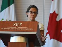Chrystia Freeland Canada's Minister  of Foreign Affairs is seen Gesticulating during a press conference offers to media as part of her worki...