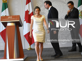 Chrystia Freeland Canada's Minister  of Foreign Affairs is seen leaving the room at the end press conference offers to media as part of her...