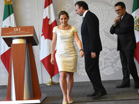 Chrystia Freeland Canada's Minister  of Foreign Affairs is seen leaving the room at the end press conference offers to media as part of her...