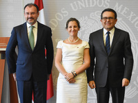 Chrystia Freeland Canada's Minister  of Foreign Affairs (L) and Luis Videgaray Mexico's Minister  of Foreign Affairs are seen during a press...