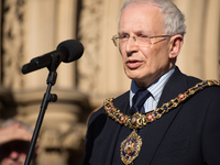 Eddy Newman, Lord Mayor of Manchester, speaks at the vigil service for the victims of the Manchester Arena explosion in Manchester, United K...