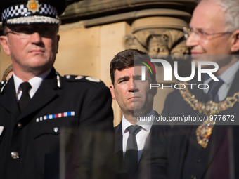 Rt. Hon. Andy Burnham (C), Mayor of Greater Manchester, attends the vigil service for the victims of the Manchester Arena explosion in Manch...