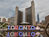 Toronto sign illuminated with the colours of the United Kingdom flag on May 23, 2017, in Toronto, Canada, as a tribute to victims of the ter...