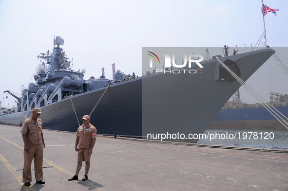 Russian troops vigil around the warship Commander Veryag at port of Tanjung Priok, Jakarta On May 24, 2016. leaned a long warship 186.4 mete...