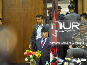 Prime Minister of Nepal, Pushpa Kamal Dahal, arrives to resigns after addressing the nation from his office at Singh Durbar, Kathmandu, Nepa...