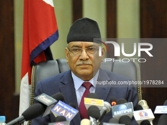 Prime Minister of Nepal, Pushpa Kamal Dahal, resigns after addressing the nation from his office at Singh Durbar, Kathmandu, Nepal on Wednes...