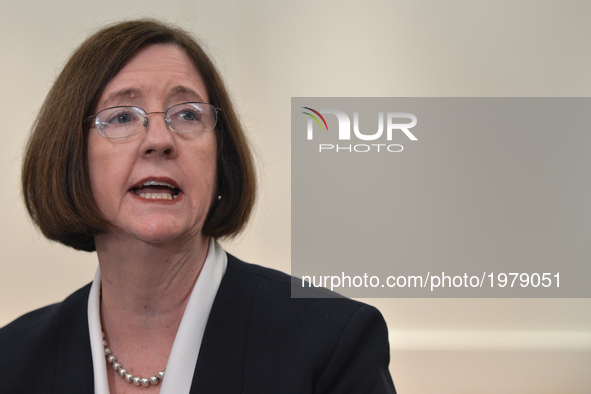 Kathleen O'Toole, the Chair of the Commission on the Future of Policing in Ireland and the Chief of Police in Seattle, speaks to the media d...