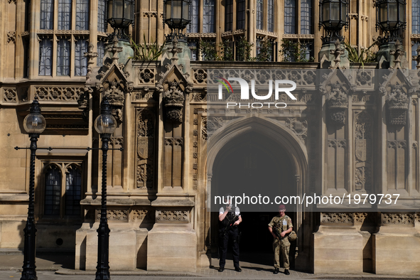 Police and troops guard prominent parts of central London, on May 24, 2017 in the wake of the Manchester bombing on Monday. Police investiga...
