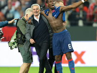 Jose Mourinho, Manager of Manchester United and Paul Pogba celebrate victory following the UEFA Europa League Final between Ajax and Manches...