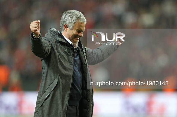 Manchester United's Portuguese manager Jose Mourinho celebrates after the UEFA Europa League final football match Ajax Amsterdam v Mancheste...