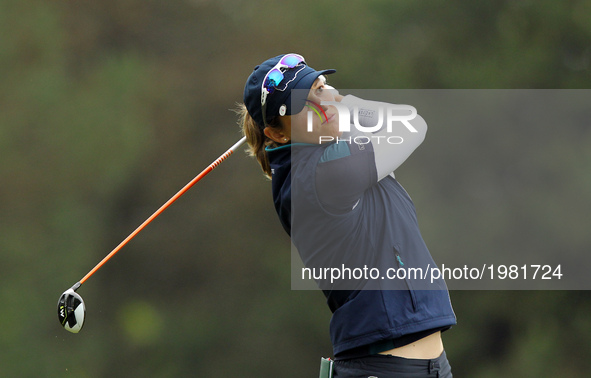 Celine Herbin of France tees off on the second tee during the first round of the LPGA Volvik Championship at Travis Pointe Country Club, Ann...