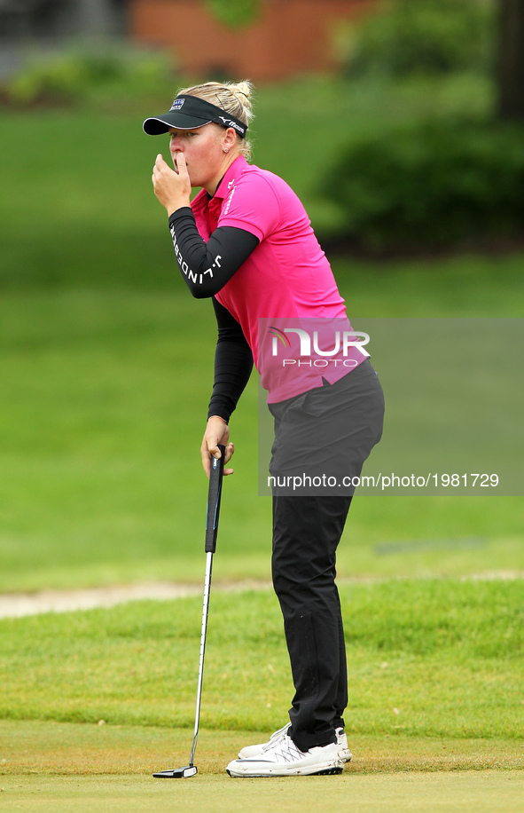 Nicole Broch Larsen of Denmark reacts after missing her shot on the 17th green during the first round of the LPGA Volvik Championship at Tra...