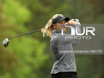Suzann Pettersen of Norway tees off on the second tee during the first round of the LPGA Volvik Championship at Travis Pointe Country Club,...