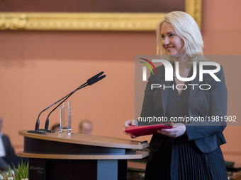 Family Minister Manuela Schwesig arrives to hold the laudatio during the Otto-Hahn Peace Medal awarding ceremony at the town hall in Berlin,...