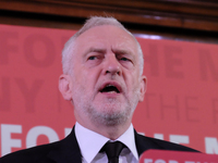 Labour Party leader, Jeremy Corbyn MP gives a speech in London, on May 26, 2017 about the recent bombings in Manchester. Corbyn laid out wha...