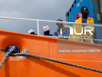 Landing of immigrate in the port of Salerno, Italy on May 26, 2017,
the SOS Mediterranee Aquarius in partnership whit Emergency, ship with...