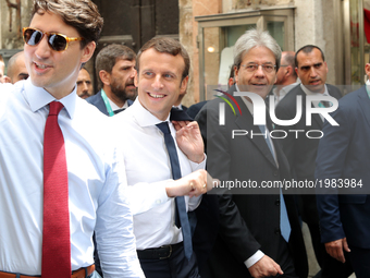 Emmanuel Macron, Paolo Gentiloni at the G7 Taormina summit on the island of Sicily on May 26, 2017 in Taormina, Italy. Leaders of the G7 gro...