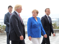 Donald Trump, Angela Merkel, Emmanuel Macron  at the G7 Taormina summit on the island of Sicily on May 26, 2017 in Taormina, Italy. Leaders...