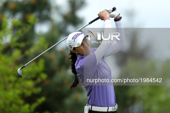 Adita Ashok of India tees off on the third tee during the second round of the LPGA Volvik Championship at Travis Pointe Country Club, Ann Ar...
