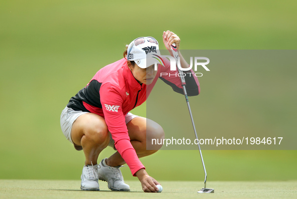 Beatriz Recari of Spain lines up her putt on the second green during the second round of the LPGA Volvik Championship at Travis Pointe Count...