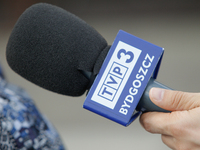 The microphone of the local state television station is seen during a rally against education reform. The Polish state run TVP has been crit...