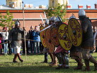 Members of a historical military clubs participate in the reconstruction fight during annual Festival 'Legend of the Norwegian Vikings' in t...