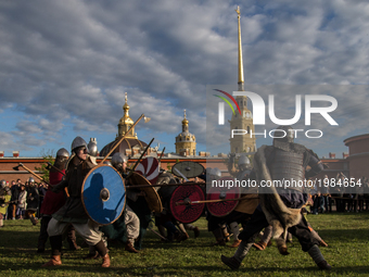 Members of a historical military clubs participate in the reconstruction fight during annual Festival 'Legend of the Norwegian Vikings' in t...