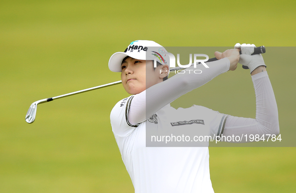 Sung Hyun Park of Republic of Korea watches her fairway shot on the 18th hole during the second round of the LPGA Volvik Championship at Tra...