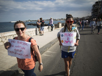 Leftist demonstrators march to protest the G7 summit at nearby Taormina on the island of Sicily on May 27, 2017 in Giardini Naxos, Italy. T...