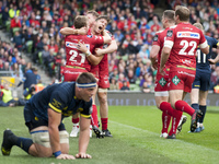 Scarlets players celebrate after DTH van der Merwe score during the Guinness PRO12 Final between Munster Rugby and Scarlets at Aviva Stadium...