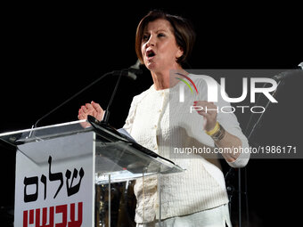 Zehava Galon leader of Meretz Party speaks to thousands of Israeli Left wing activists during a rally in Rabin Square, Tel-Aviv, calling for...