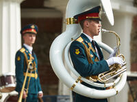  Performance by musicians from military orchestras during the opening of the season of 'Military Orchestras in Parks' concerts in the Alexan...