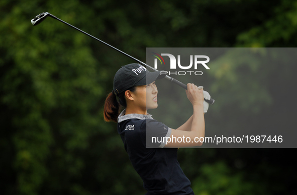 Jennifer Song of the United States tees off on the 7th tee during the final round of the LPGA Volvik Championship at Travis Pointe Country C...