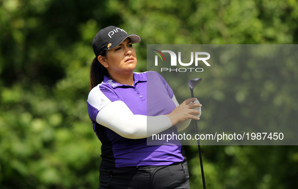 Lizette Salas of the United States tees off on the 7th tee during the final round of the LPGA Volvik Championship at Travis Pointe Country C...
