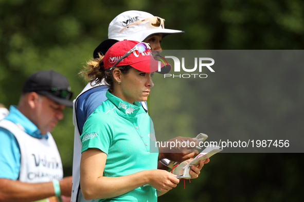 Gaby Lopez of Mexico waits in the 7th tee during the final round of the LPGA Volvik Championship at Travis Pointe Country Club, Ann Arbor, M...