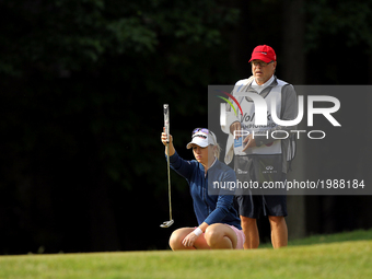 Jodi Ewart Shadoff of England lines up her putt on the 6th green during the final round of the LPGA Volvik Championship at Travis Pointe Cou...